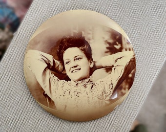 Joy ~ Large Antique Celluloid Photo Plaque ~ Smiling Young Woman or Teenage Girl with Hands Behind her Head