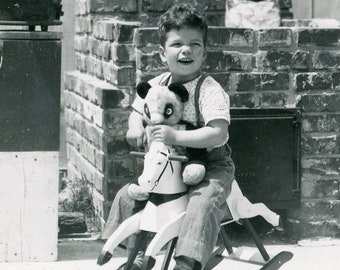 Happy Boy ~ Vintage Photo ~ Child on Rocking Horse Hugging Teddy Bear ~ Vintage Snapshot B3