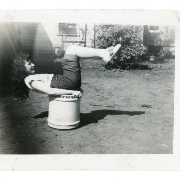 Helen Nolan ~ Vintage Snapshot ~ Young Woman in Saddle Shoes Balancing on a Bucket ~ Vintage Photo ~ writing on back S47