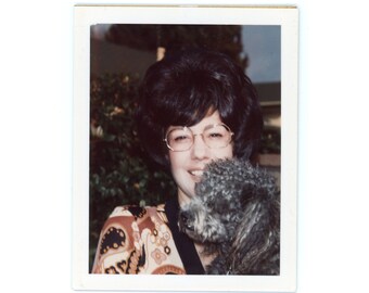 Vintage Polaroid Photo ~ Close Up of Woman with Cute Gray Poodle Dog ~ Vintage Snapshot