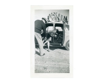 Wilma and Ben ~ Candid Vintage Photo ~ Road Trip Commotion near Car with Suicide Doors ~ Vintage Snapshot ~ writing on back C8