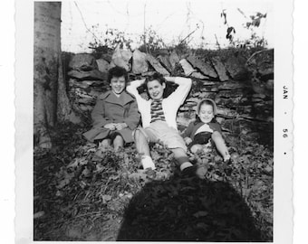 Photographer Shadow ~ 1950s Vintage Snapshot ~ Woman and Children in the Fall Leaves ~ Vintage Photo WAC7