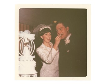 1960s Newlyweds ~ Vintage Photo ~ Bride Feeds Wedding Cake to the Groom ~ Vintage Snapshot C8