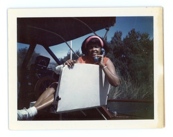 Ship to Shore Telephone ~ Vintage Polaroid Photo ~ Black Woman on A Boat Talking on the Phone ~ Vintage Snapshot ~ writing on back S54