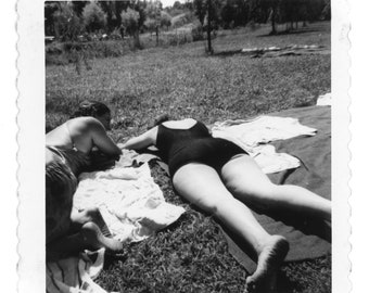 Bottoms Up ~ Vintage Snapshot ~ Bathing Suit Clad Faceless Woman Laying in the Sun ~ Vintage Photo S18