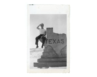 Texas ~ Vintage Snapshot ~ Man Sitting on State Road Sign ~ Vintage Photo W7