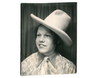 Ten Gallon Hat ~ Vintage Photo Booth ~  Woman in Cowboy Hat ~ 1940s Vintage Photobooth PB15