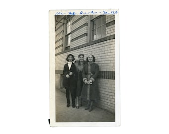 Vintage Snapshot ~ Trio of Young Women in Coats with Fur ~ 1930s Vintage Photo ~ writing on front W2