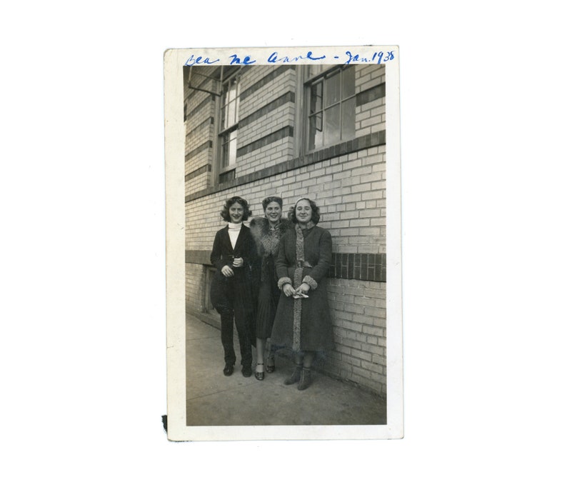 Vintage Snapshot Trio of Young Women in Coats with Fur 1930s Vintage Photo writing on front W2 image 1