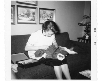 Seamstress ~ 1950s Vintage Snapshot ~ Woman Mending Dress ~ Candid Vintage Photo S34