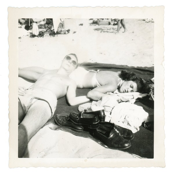Shoes ~ Vintage Snapshot ~ Couple Sleeping on the Beach ~ Candid Vintage Photo C22