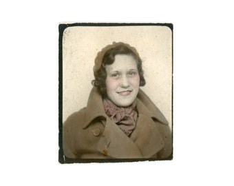 Finger Waves ~ 1940s Vintage Photo Booth ~  Young Woman in Winter Coat and Hat ~ Tinted Vintage Photobooth ~ P3