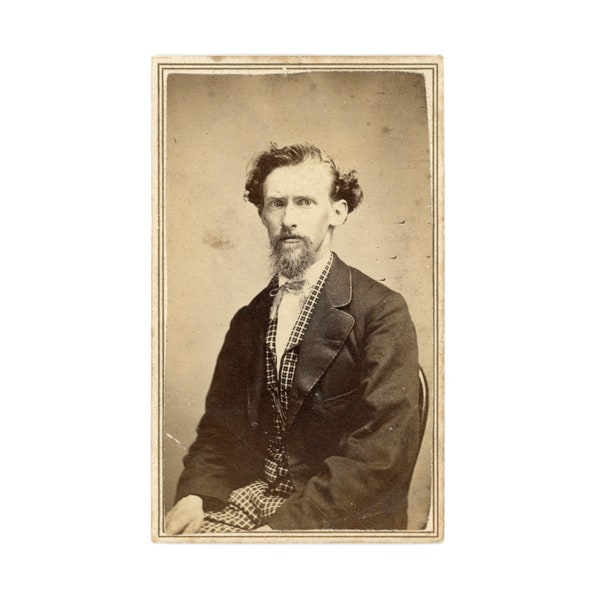 Checkers ~ 1860s CDV ~ Serious Man with Wild Hair and Patterned Vest and Suit Pants ~ Carte de Visite ~ Antique Photos