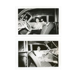 May include: Two vintage black and white photographs. The top photo shows a woman in a car, holding the steering wheel. The bottom photo shows a man in the same car. Both photos are taken from the front seat.