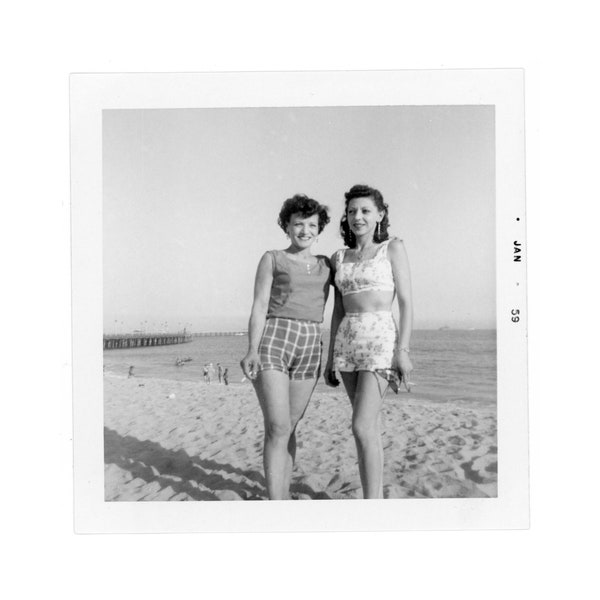 1950s Vintage Snapshot ~ Couple of Bathing Suit Clad Women Smoking at the Beach ~ Vintage Photo W17