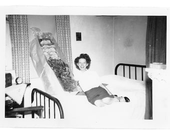 Vintage Snapshot ~ Woman Sitting on Bed with Huge Box of Flowers ~ Vintage Photo S45