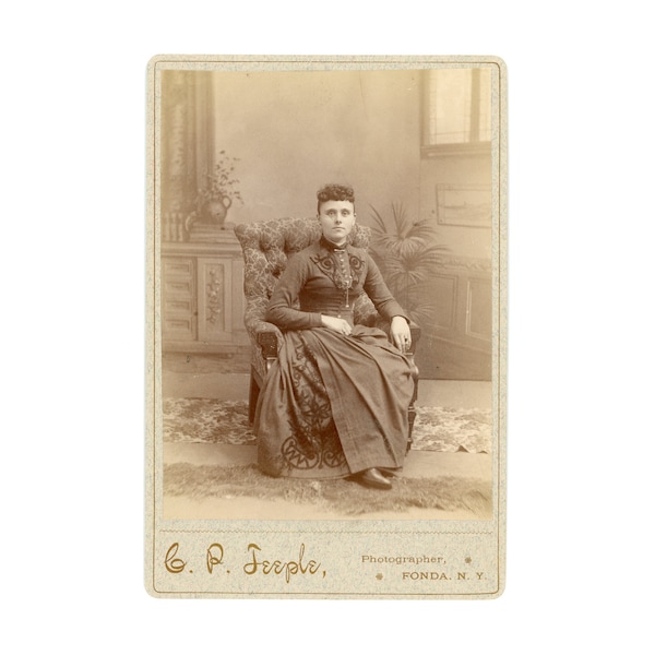 Fonda New York ~ 1880s Cabinet Card ~ Victorian Woman in Soutache Embellished Dress ~ Cabinet Photo ~ Antique Photo
