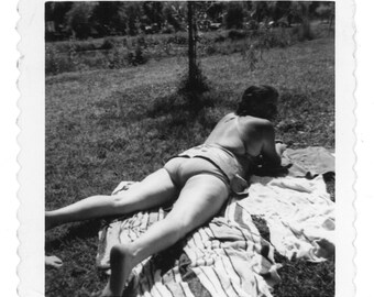 Bottoms Up ~ Vintage Snapshot ~ Bathing Suit Clad Faceless Woman Laying in the Sun ~ Vintage Photo S24