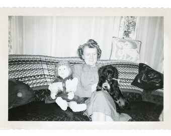 Dogs and Dolls ~ Vintage Snapshot ~ Woman on the Couch with Puppy and Toy Doll ~ Vintage Photo