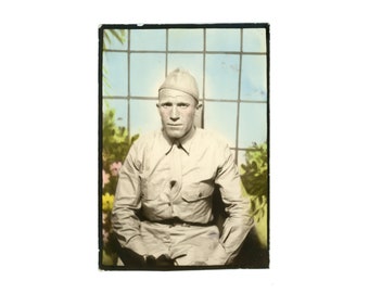 The Scowl ~ Vintage Photo Booth ~ Military Man with Worry Line on Forehead in Army Uniform ~ 1940s Vintage Photobooth Arcade Photo ~ M5