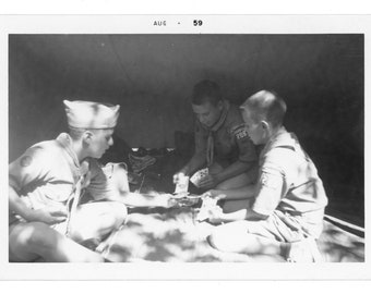 Boy Scouts ~ 1950s Vintage Snapshot ~ Boys Playing Cards ~ Vintage Photo B5