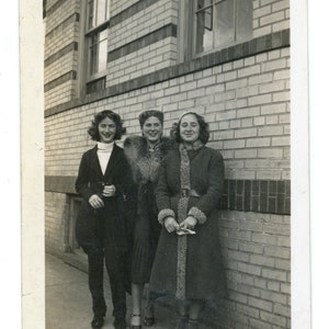 Vintage Snapshot Trio of Young Women in Coats with Fur 1930s Vintage Photo writing on front W2 image 2