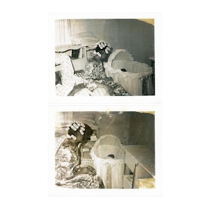 2 Vintage Polaroid Photos: Woman in Hair Curlers with Baby in Bassinet, Original Snapshots WAC3