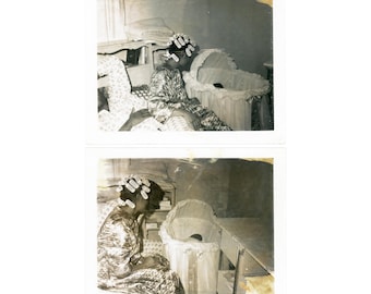 2 Vintage Polaroid Photos: Woman in Hair Curlers with Baby in Bassinet, Original Snapshots WAC3