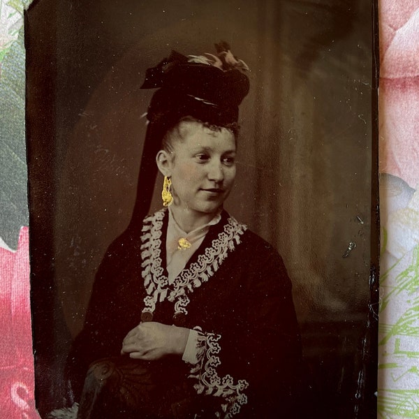 Soutache ~ Tintype ~ Lovely Portrait of 1870s Woman in with Gold Gilt Jewelry  ~ Tin type ~ Antique Photo