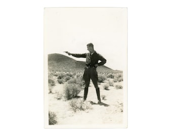 Vintage Photo:  Man Aiming Handgun, Pistol, in the Desert, Snapshot M25