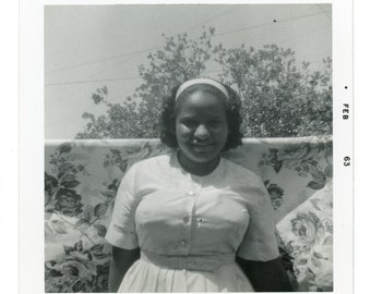 Vintage Photo ~ Lovely Young Black Woman Casual Portrait with Floral Backdrop Outdoors ~ Vintage Snapshot S17