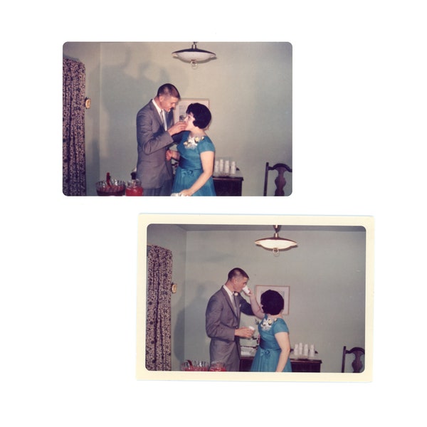 1960s Wedding Reception ~ 2 Vintage Photos ~ Bride and Groom Feed Each Other Cake and Drink ~ Vintage Snapshots C7