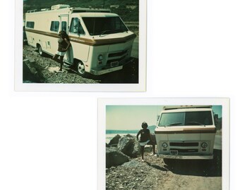 On the Road Again ~ 2 Vintage Polaroid Photos ~ Black Woman Poses with Coachman Sportscoach RV Motorhome Camper ~ Vintage Snapshots S65