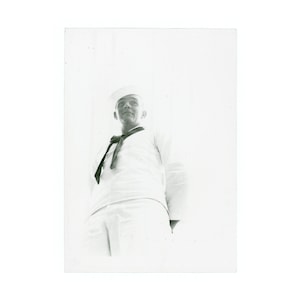 Make Me Look Tall ~ Vintage Snapshot ~ Navy Man in Uniform Interesting Perspective Angle ~ Vintage Photo M10