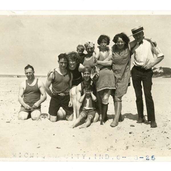 1920s Michigan City Beach ~ Vintage Snapshot ~ Group in Bathing Suits ~ Vintage Photo GR7