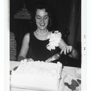 Cut the Cake 1950s Vintage Snapshot Woman at Wedding Bridal Shower Vintage Photo S66 image 2