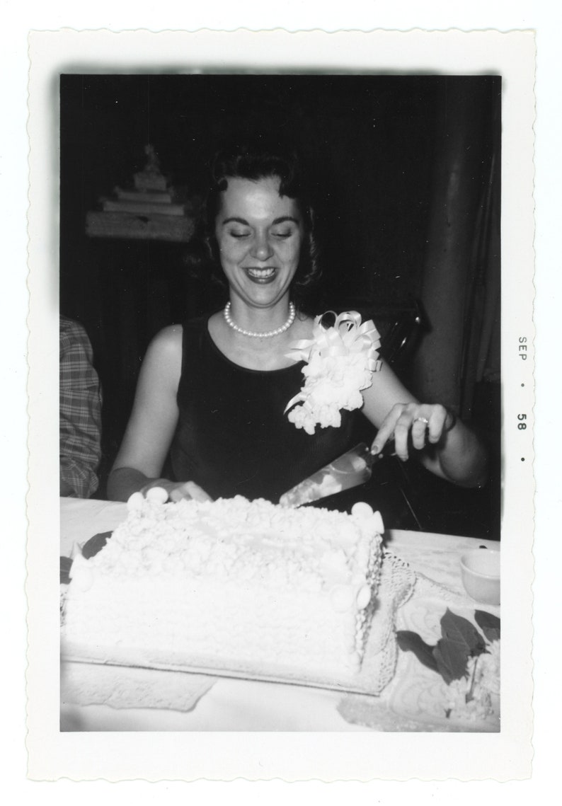 Cut the Cake 1950s Vintage Snapshot Woman at Wedding Bridal Shower Vintage Photo S66 image 2