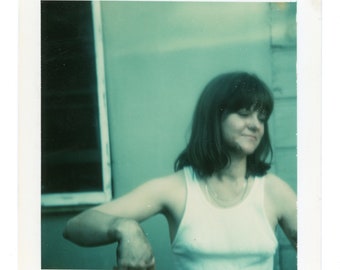 So Blue ~ Vintage Polaroid Photo ~ Off Center Dirty Woman Eyes Closed in White Tank Top ~ Vintage Snapshot S52