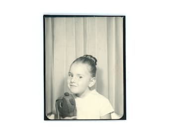 Vintage Photo Booth ~ Adorable Girl in Bun holding Felt Stuffed Dog ~ Vintage Photobooth PB1