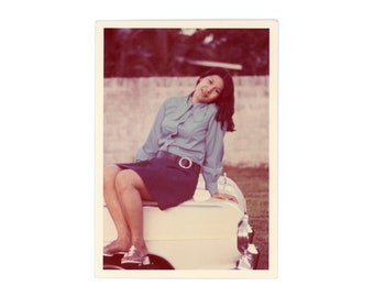 Head Tilt ~ Vintage Photo ~ Young Woman in Blue Sitting on Car Hood ~ Vintage Snapshot S54