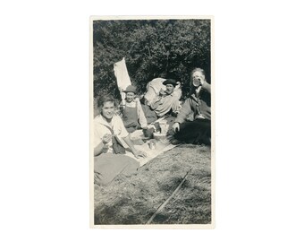 1910s Picnic ~ Vintage Snapshot ~ Group of Men and Women Eating on the Grass ~ Vintage Photo ~ writing on back GR14