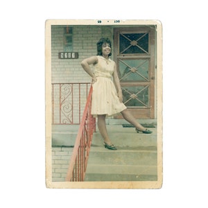 Well Loved Worn Vintage Snapshot Young Black Woman with Hand on Hip on the Porch at 9707 Vintage Photo S55 image 1