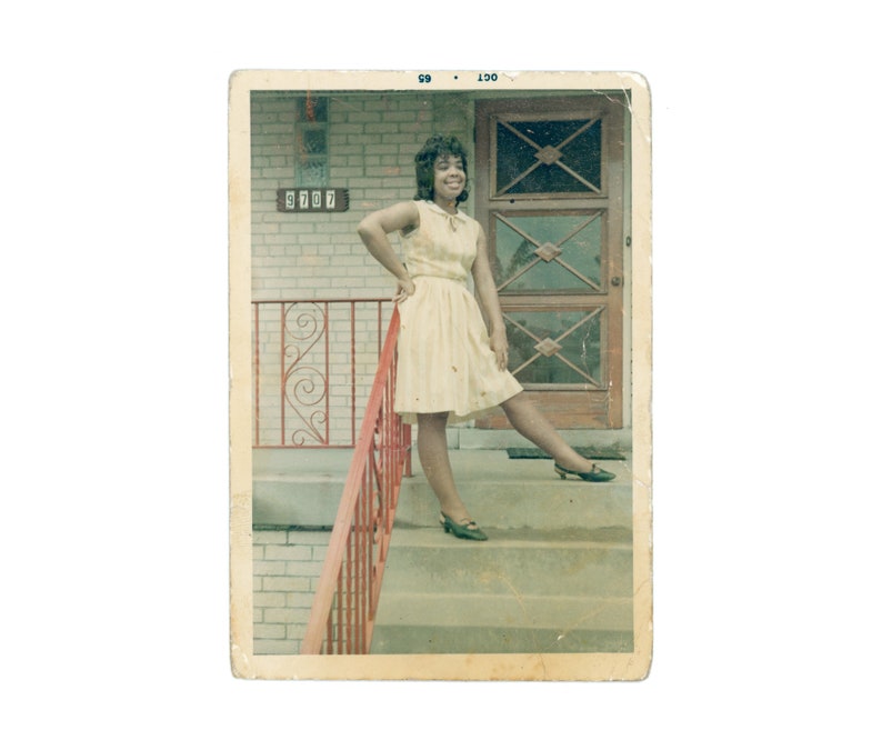 Well Loved Worn Vintage Snapshot Young Black Woman with Hand on Hip on the Porch at 9707 Vintage Photo S55 image 1