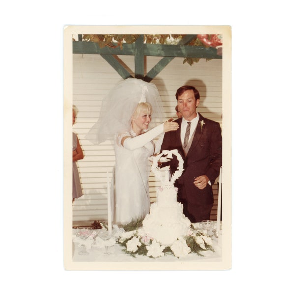 1960s Vintage Photo ~ Bride Feeding the Groom Wedding Cake ~ Vintage Snapshot C9