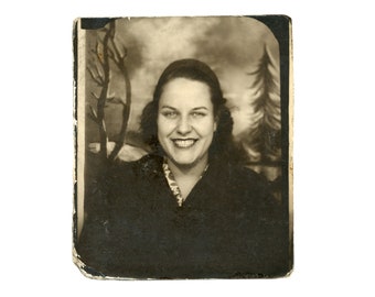 Vintage Photo Booth ~ Cheerful Woman against Dark Backdrop ~ Vintage Photobooth PB10