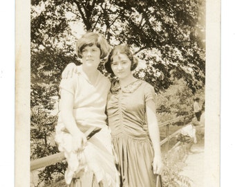 1920s Vintage Snapshot ~ Affectionate Couple of Women Leaning on Fence ~ Vintage Photo ~ writing on back W13