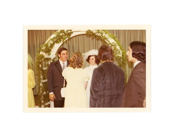 Mid Conversation: Vintage Photo of Bride and Groom on Wedding Day ~ 1970s Snapshot C1