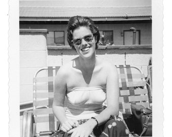 1950s Vintage Snapshot ~ Portrait of Smiling Woman in Bathing Suit and Sunglasses ~ Vintage Photo S10