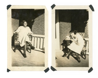 Conversation ~ 2 Vintage Snapshots ~ Black Women Hanging Out on the Front Porch ~ Vintage Photos S36