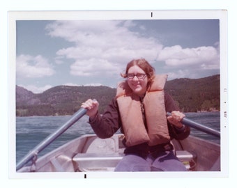 Yellow Bay Flathead Lake ~ Vintage Snapshot ~ Redhead Woman in Life Vest Rowing Boat ~ Vintage Photo ~ writing on back S53